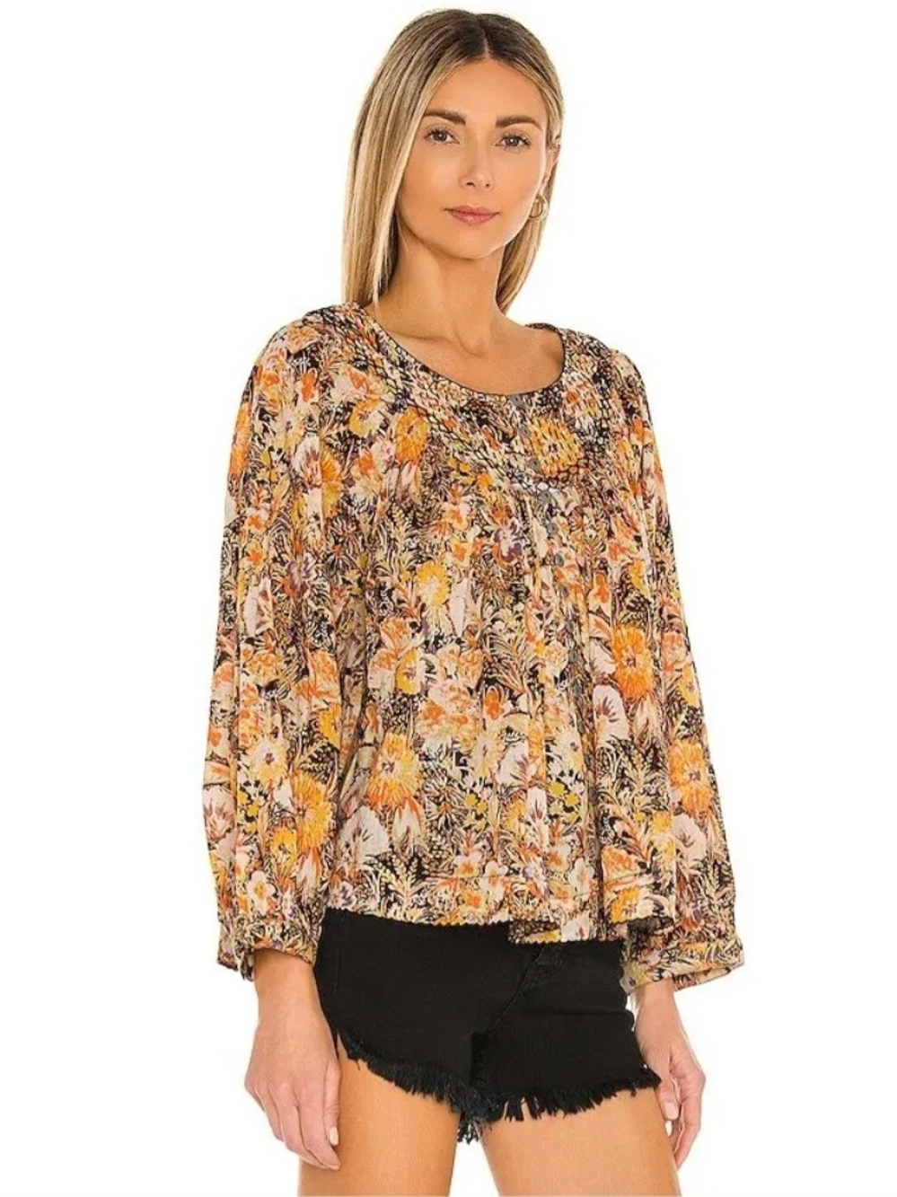 B4 We The Free Floral Smocked Yoke Blouse in Mustard and Cream